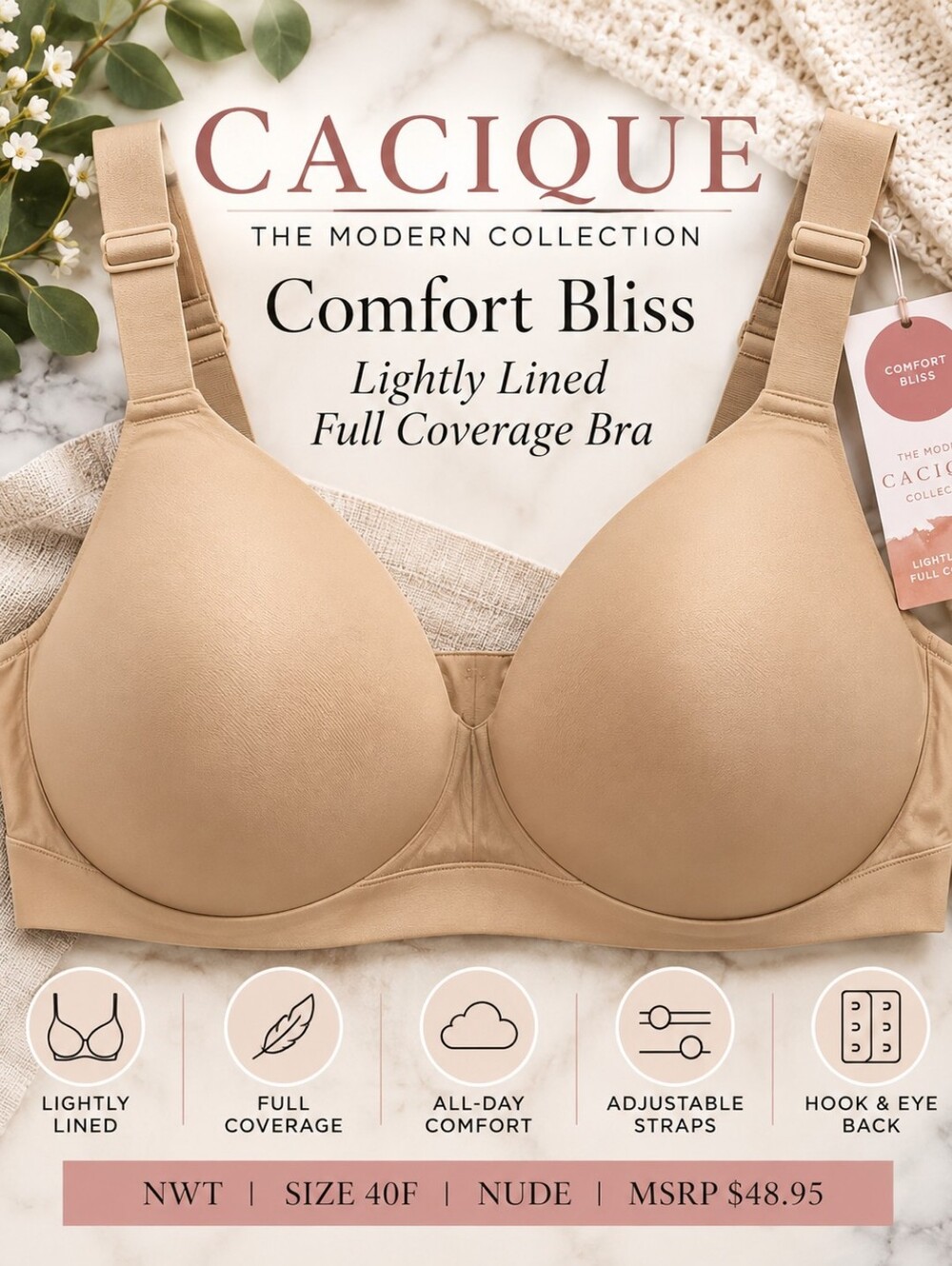 NWT 40F Cacique Comfort Bliss Lightly Lined Full Coverage Bra Nude
